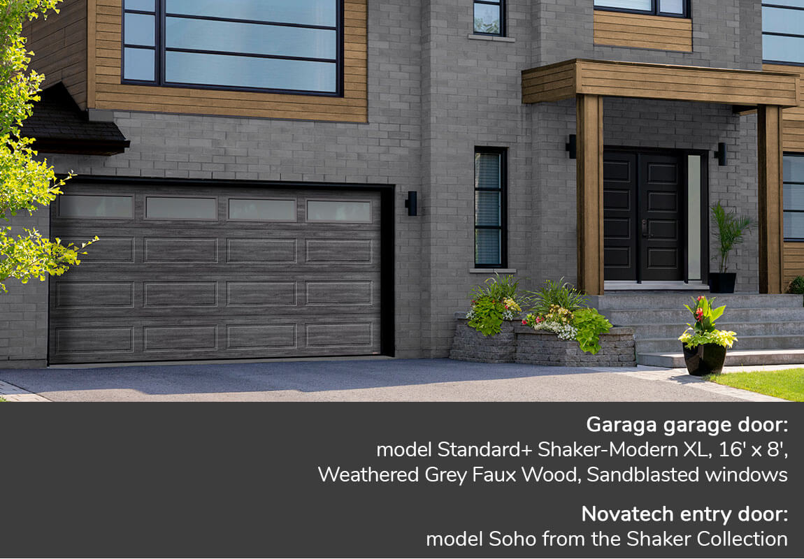GARAGA garage doors | Standard+ Shaker-Modern XL, 16' x 8', Weathered Grey Faux Wood, Sanblasted windows | Novatech Entry door