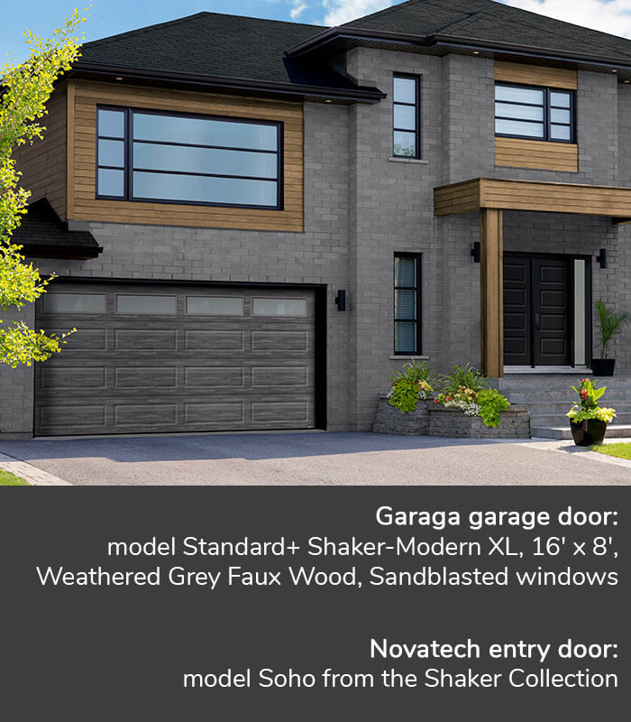 GARAGA garage doors | Standard+ Shaker-Modern XL, 16' x 8', Weathered Grey Faux Wood, Sanblasted windows | Novatech Entry door